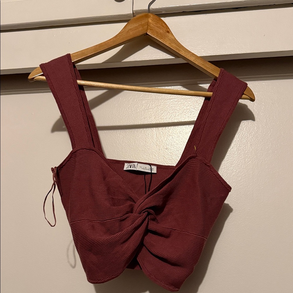 Zara Ribbed Twist-Front Crop Top in dusty pink